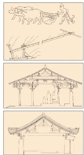 孙机手绘图，汉代长辕犁复原图；五台山唐佛光寺东大殿剖面图；山西平顺淳化寺大殿梁头挑檐